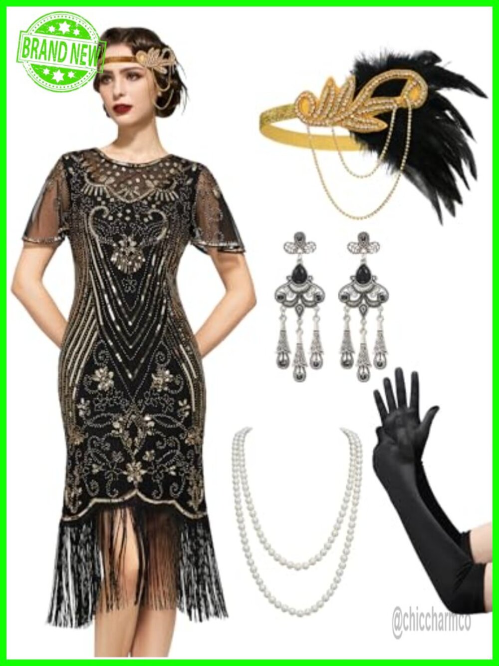 Gatsby Lace Neck Sequin Fringe Flapper Dress With Accessories
